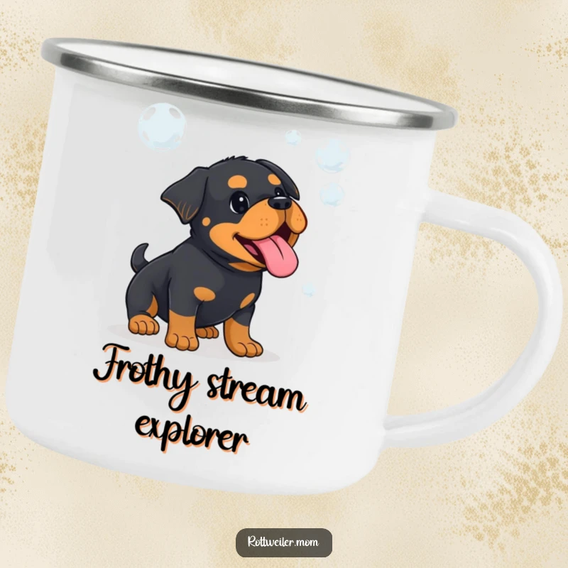 Funny Kawaii Rottweiler with tongue out, playfully catching bubbles from a rugged camping mug, perfect for outdoor fun.