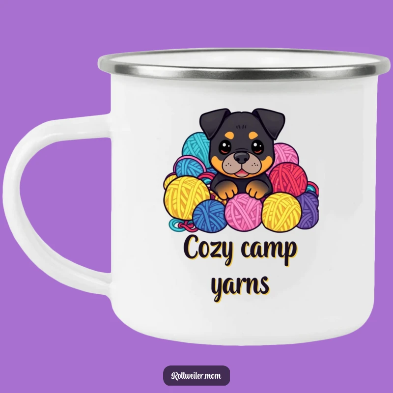 Funny Kawaii Rottweiler Camping Mug: Yarn Pile Peek, Cozy Outdoor Gift