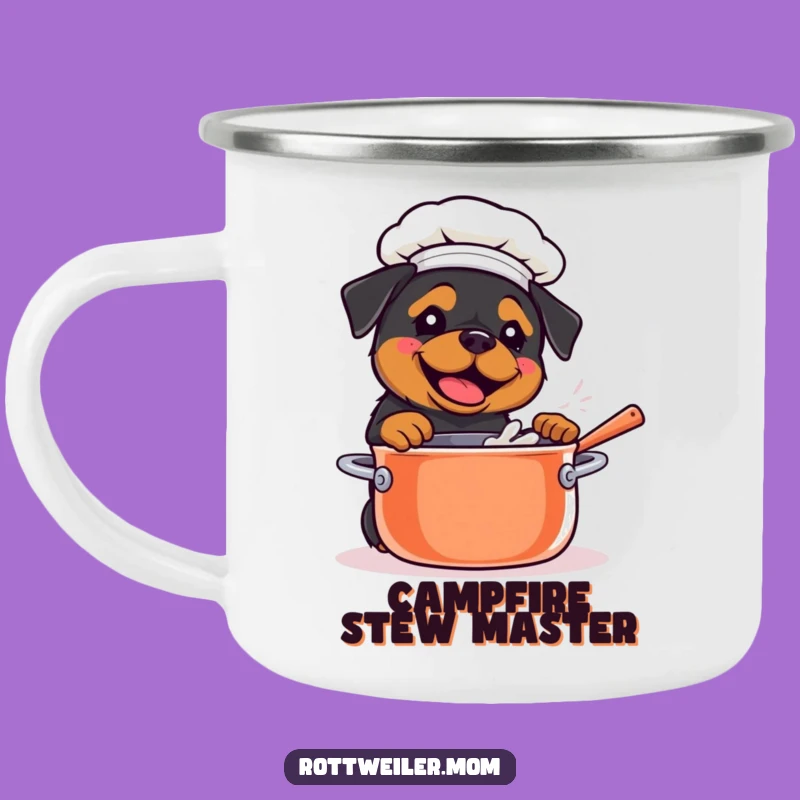 Funny Kawaii Rottweiler Chef Camping Mug: Stirring Pot, Outdoor Cook Gift