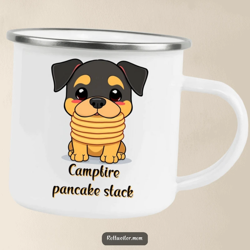 Funny Kawaii Rottweiler Camping Mug with a cute dog balancing pancakes on its nose, ideal for outdoor enjoyment.