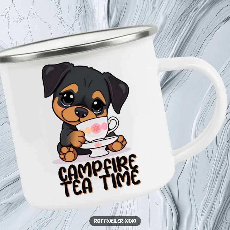 Funny camping mug: a kawaii Rottweiler with big eyes, precariously balancing a teacup, perfect for outdoor humor.