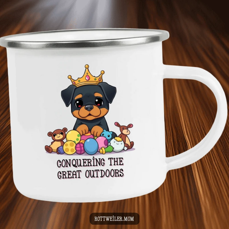 Funny Rottweiler King Camping Mug shows a crowned dog proudly surveying a pile of toys, ready for outdoor adventures.