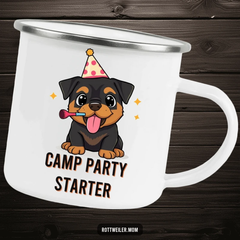 Funny camping mug featuring a Rottweiler puppy in a party hat, exuberantly blowing a noisemaker, perfect for outdoor sips with festive charm.