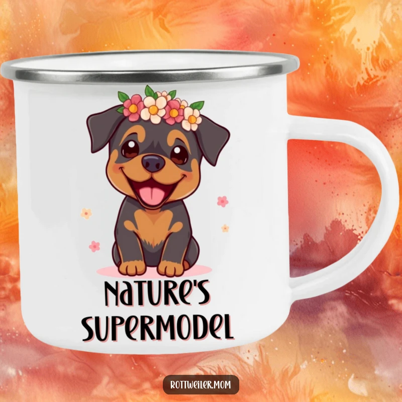 Funny Rottweiler Supermodel Camping Mug: A stylish camping mug featuring a rottweiler supermodel, for the fashionable adventurer.