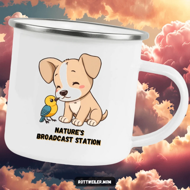 Funny puppy camping mug, a dog with large ears listening to a bird, ideal for outdoor enthusiasts.