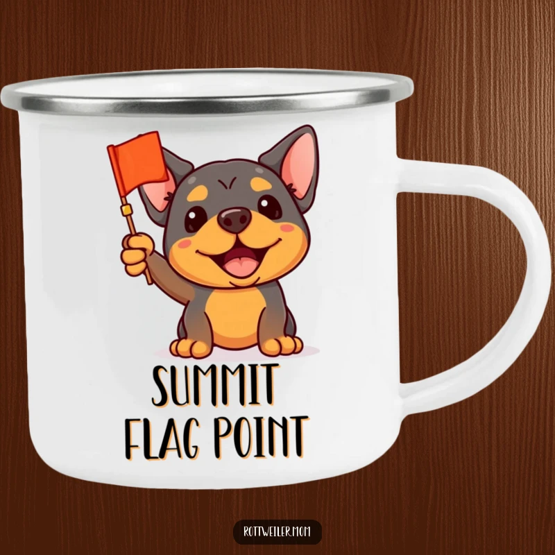 Funny Rottweiler Camping Mug: A sturdy mug showing a rottweiler waving a tiny flag, perfect for outdoor adventures and showing spirit.