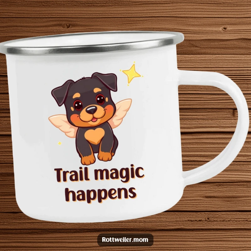 Funny camping mug featuring a cute Rottweiler with tiny wings, playfully near a sparkling star, perfect for outdoor sips with canine charm.