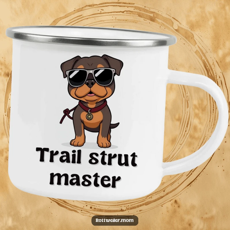 Funny Rottweiler camping mug showing a dog wearing oversized sunglasses, confidently strutting, ideal for outdoor enjoyment.
