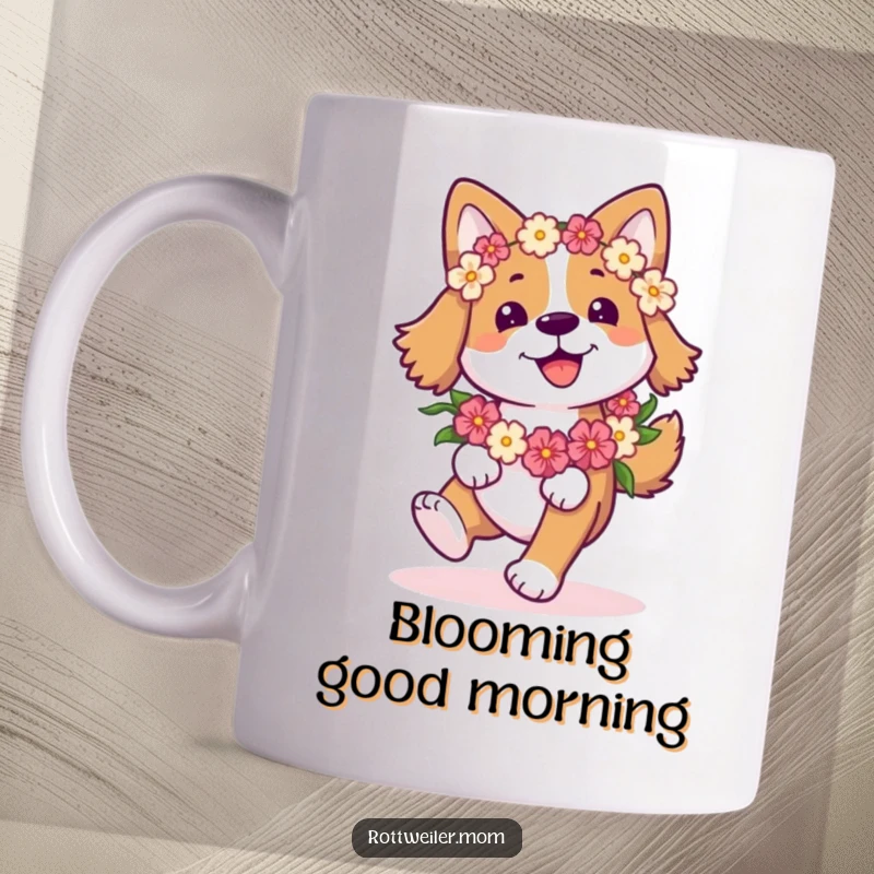 Funny Happy Dog Mug featuring a dog with a flower garland, joyfully prancing with a wagging tail, embodying pure bliss.
