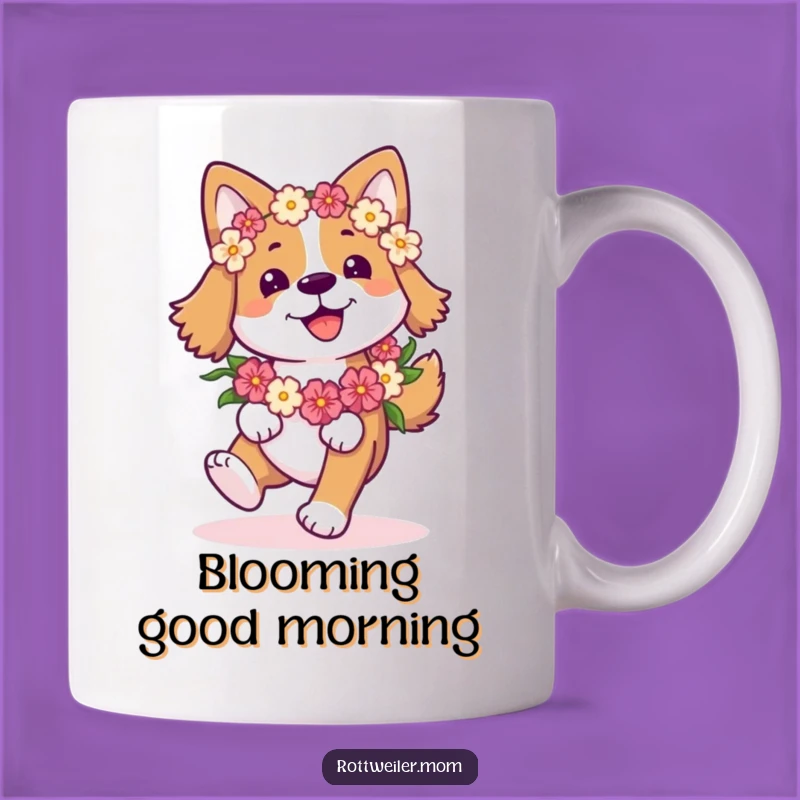 Funny Happy Dog Mug: Flower Garland Pup Prancing - Joyful Gift for Dog Lovers