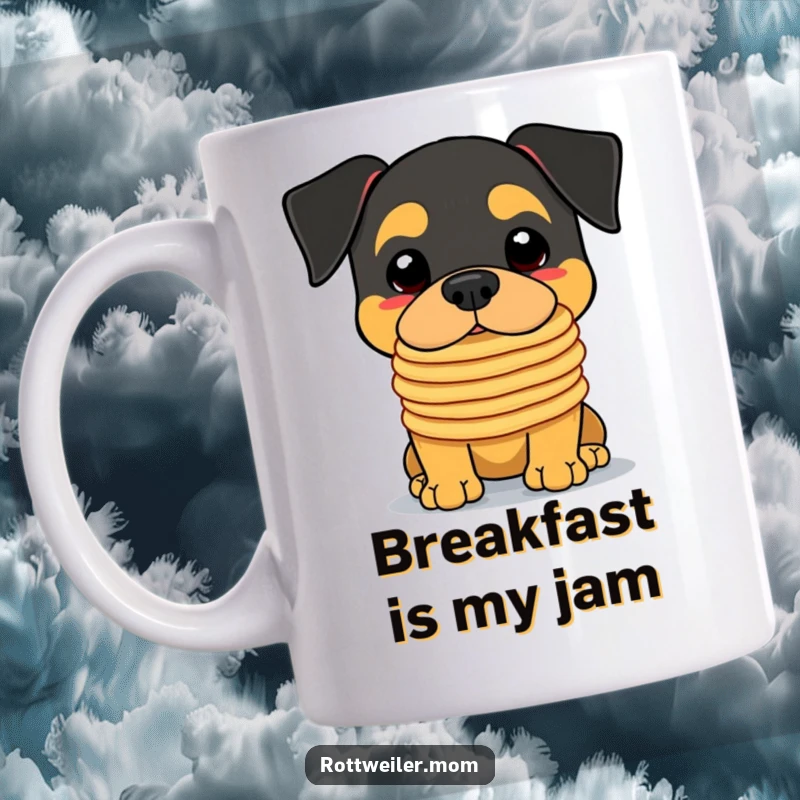 Funny Kawaii Rottweiler Mug balancing a precarious stack of pancakes on its nose, looking cute and determined.