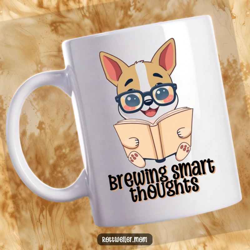 Funny Bookworm Dog Mug featuring a smiling dog with oversized glasses, enthusiastically reading a giant book, a reader's delight.