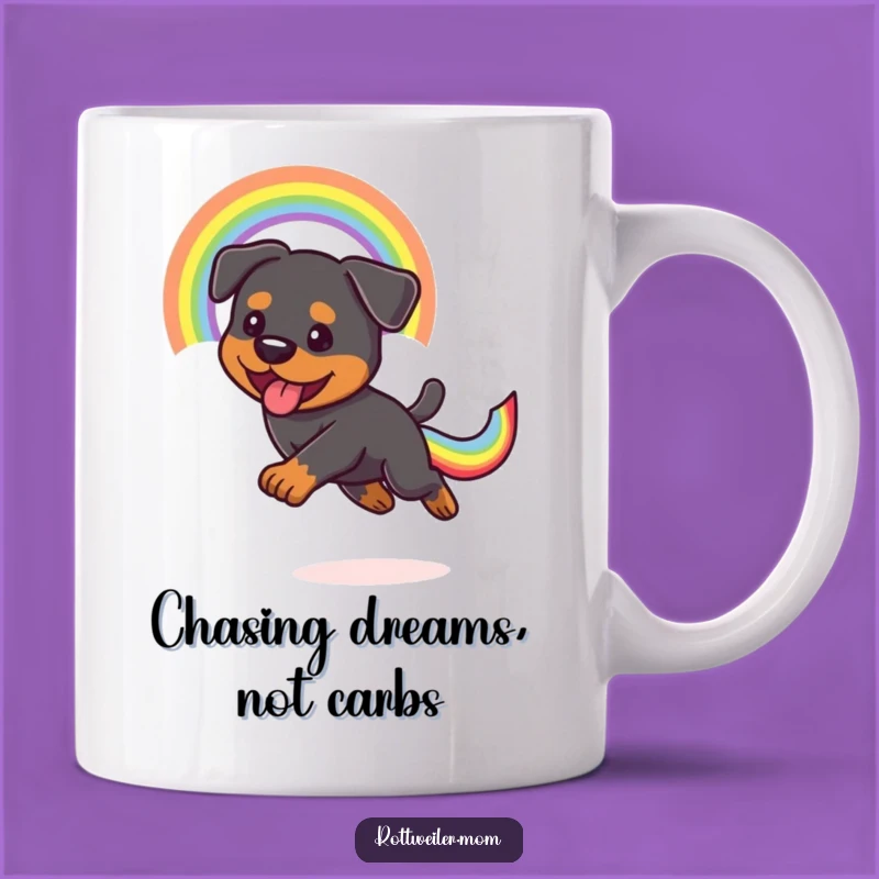 Funny Kawaii Rottweiler Mug: Chasing Rainbow Tail, Hilarious Dog Lover Gift