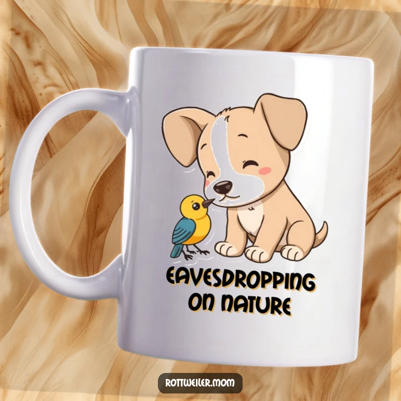 Funny puppy mug, a dog with huge ears intently listening to a small bird, showcasing pure curiosity and charm.