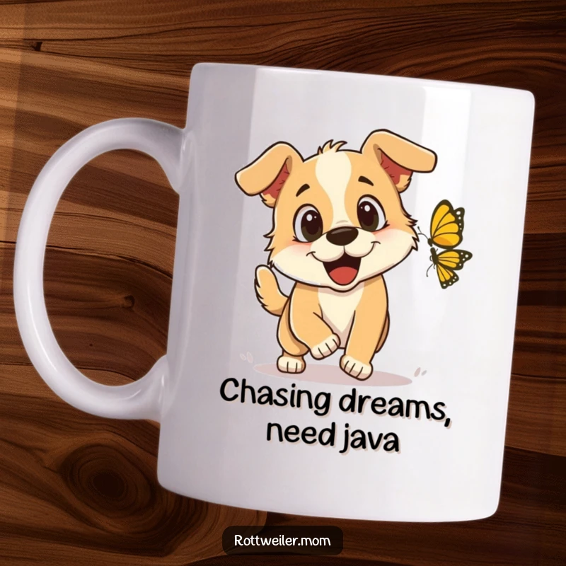 Funny Mug: An energetic dog with wide, excited eyes playfully chasing a delicate butterfly through a sunlit meadow.