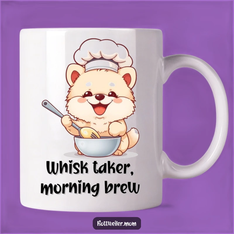 Funny Chef Dog Mug: Fluffy Pup Whisking Batter - Perfect Culinary Gift Idea