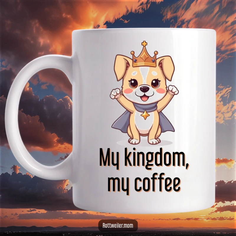 Funny dog mug showing a dog wearing a crown and cape, striking a heroic pose, exuding regal and funny charm.