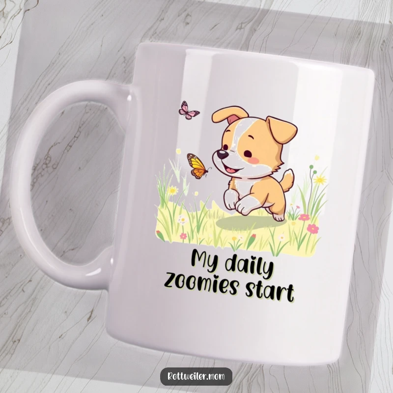 Funny dog mug showing a happy dog chasing a butterfly in a bright, sunlit meadow, full of joy and playful energy.