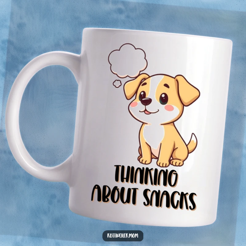 Funny cartoon dog mug with a thought bubble, hinting at humorous or peculiar canine thoughts, inviting imagination.