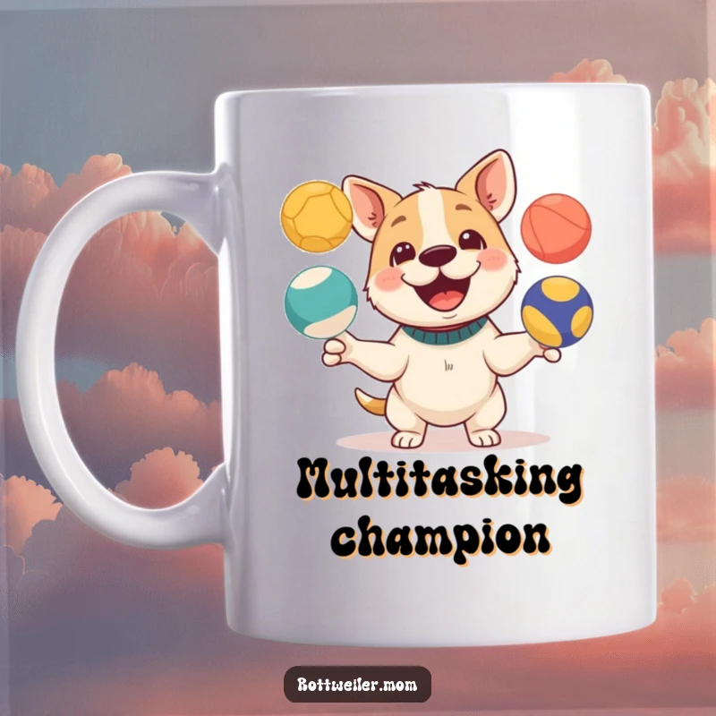 Funny mug featuring a playful dog skillfully juggling three colorful balls with a happy expression.