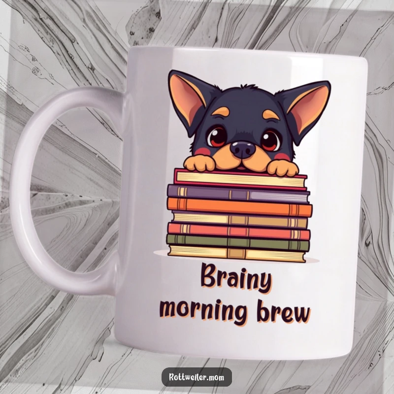 Funny mug of a kawaii Rottweiler peeking over a giant stack of books with an amused expression, celebrating smart dogs.