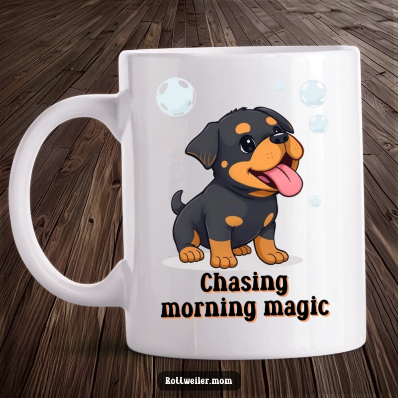 Funny Kawaii Rottweiler with its tongue out, playfully attempting to catch floating bubbles, looking utterly joyful.