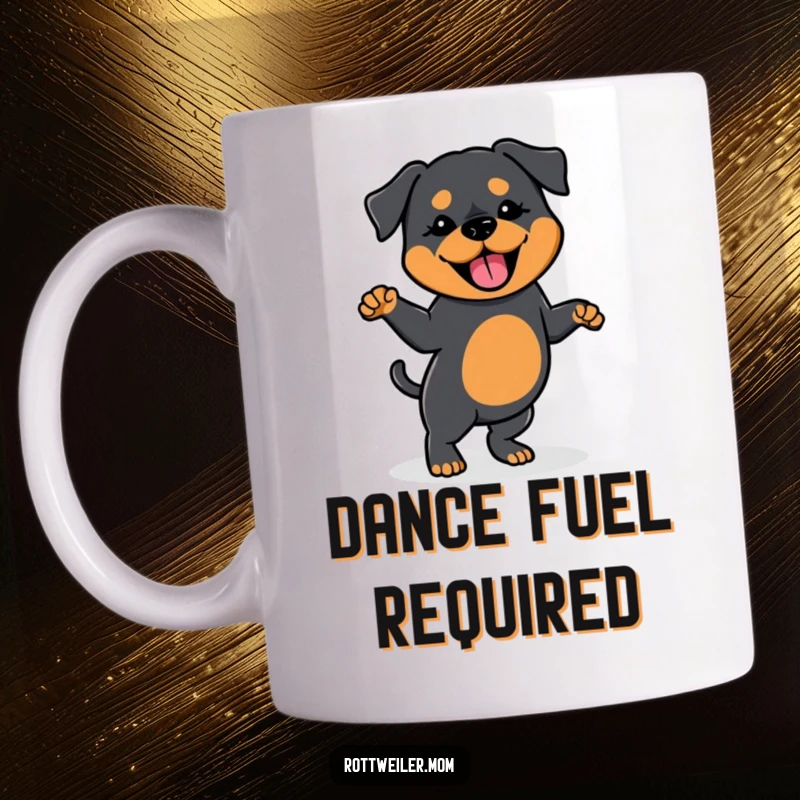 Funny mug featuring a Kawaii Rottweiler performing a silly dance with a wagging tail, radiating pure joy and humor.