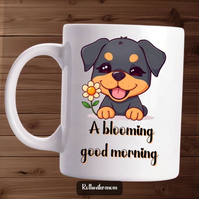 Funny Kawaii Rottweiler Mug featuring a cute dog winking playfully while offering a single, bright flower.