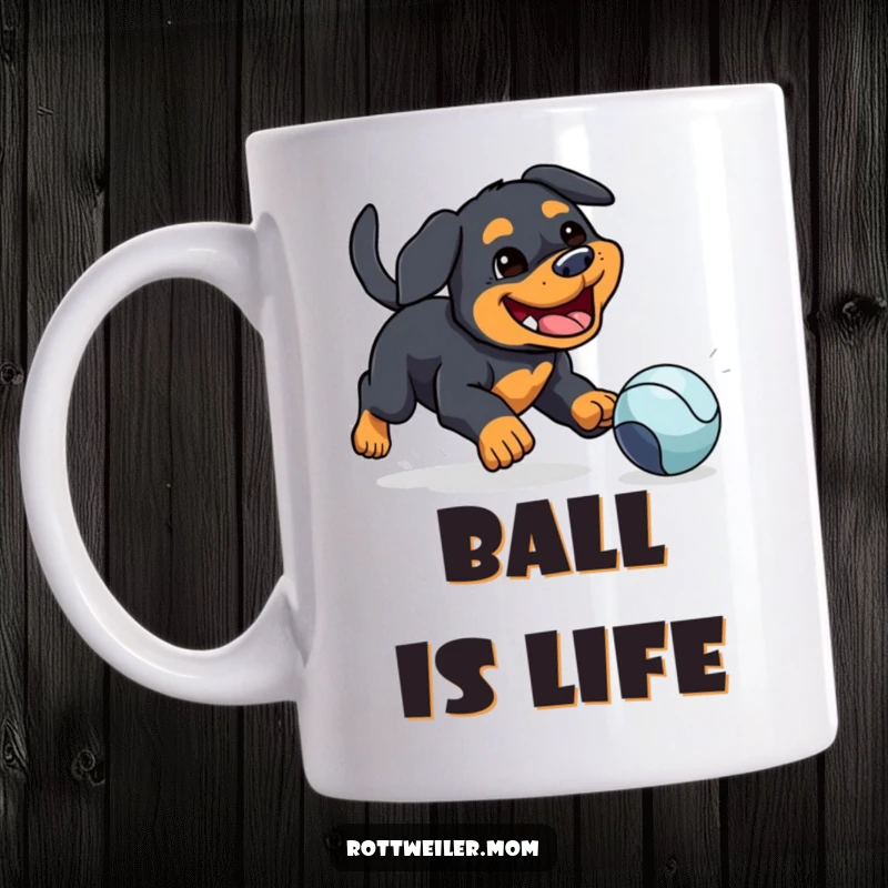 Funny mug featuring a kawaii Rottweiler with a silly grin, gleefully chasing a bouncing ball, embodying pure doggy happiness.