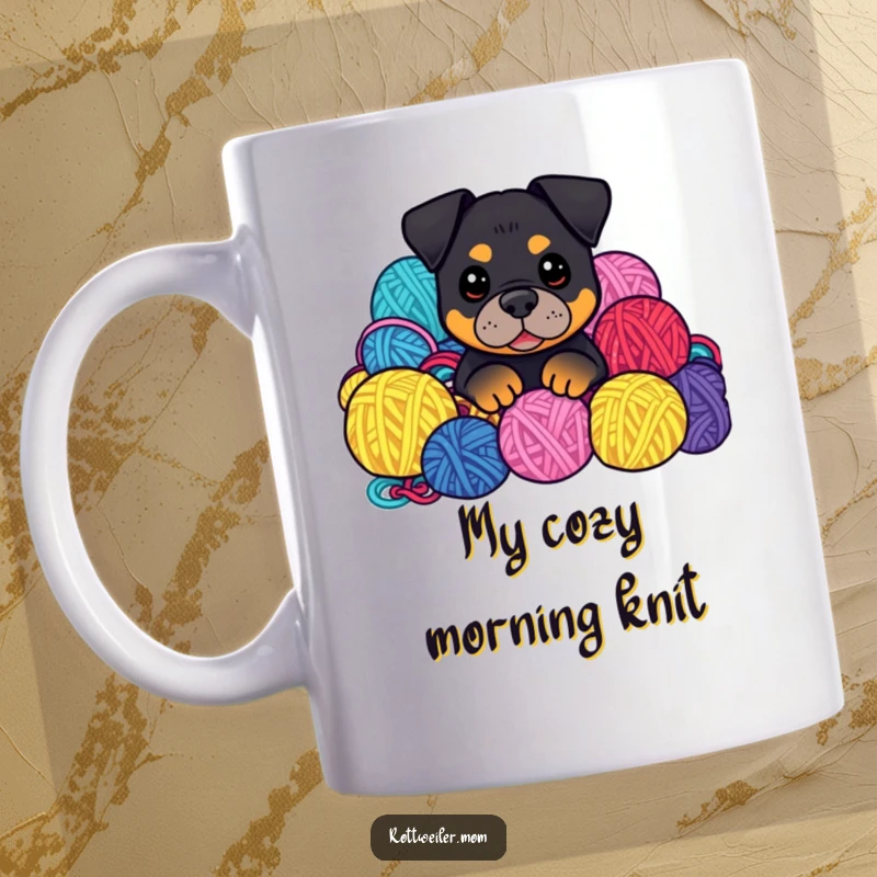 Funny Kawaii Rottweiler peeking mischievously from a pile of colorful yarn balls on a mug, a cozy and cute image.