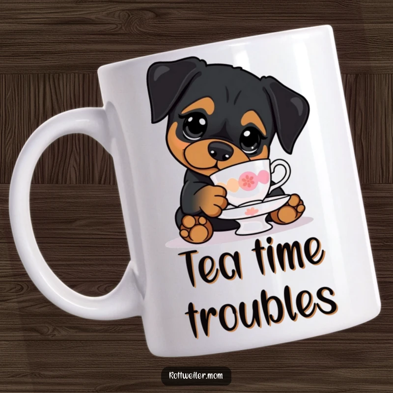 Funny mug of a kawaii Rottweiler with big eyes, precariously balancing a teacup, capturing a moment of adorable struggle.