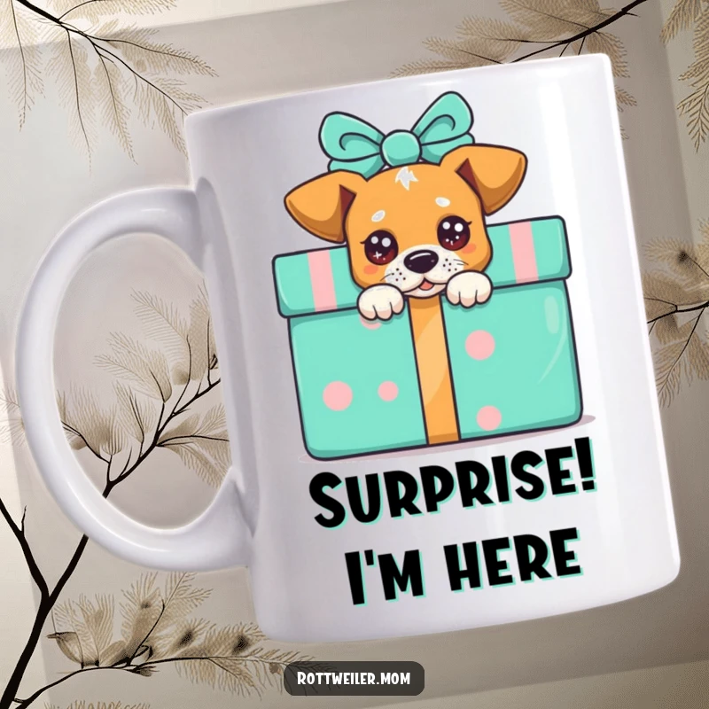 Funny peek-a-boo dog mug, a dog with sparkling eyes peeking playfully from behind a large, colorful gift box.