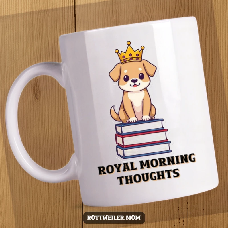 Funny Regal Dog Mug featuring a dog wearing a crown, proudly sitting on a stack of books, exuding wisdom and authority.