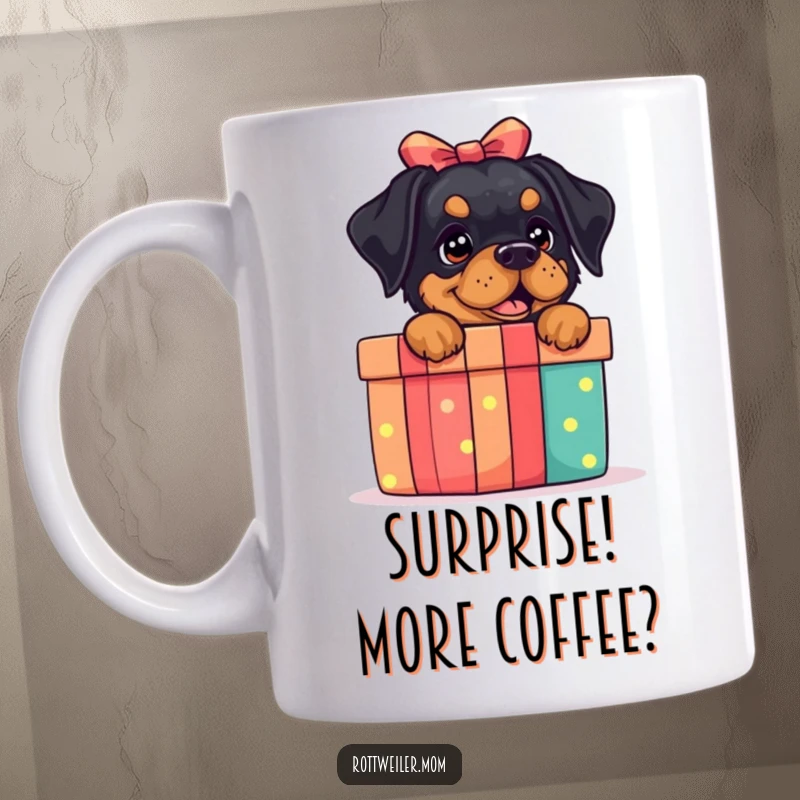 Funny Rottweiler Gift Box Mug: A rottweiler peeking from behind a gift box, conveying excitement and fun.