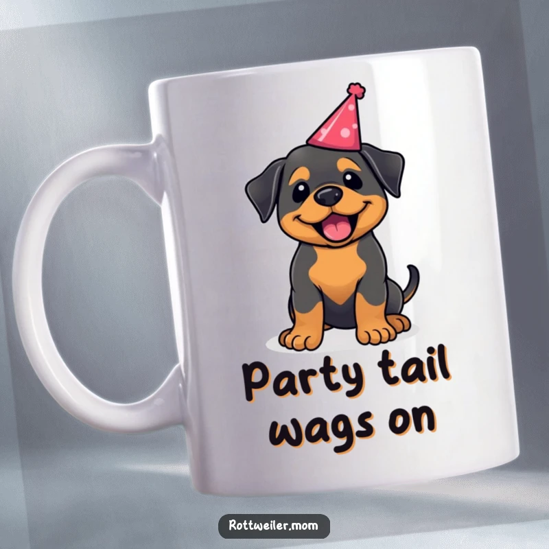 Funny kawaii Rottweiler mug, a joyful dog wagging its tail while wearing a party hat. Perfect for celebrations.