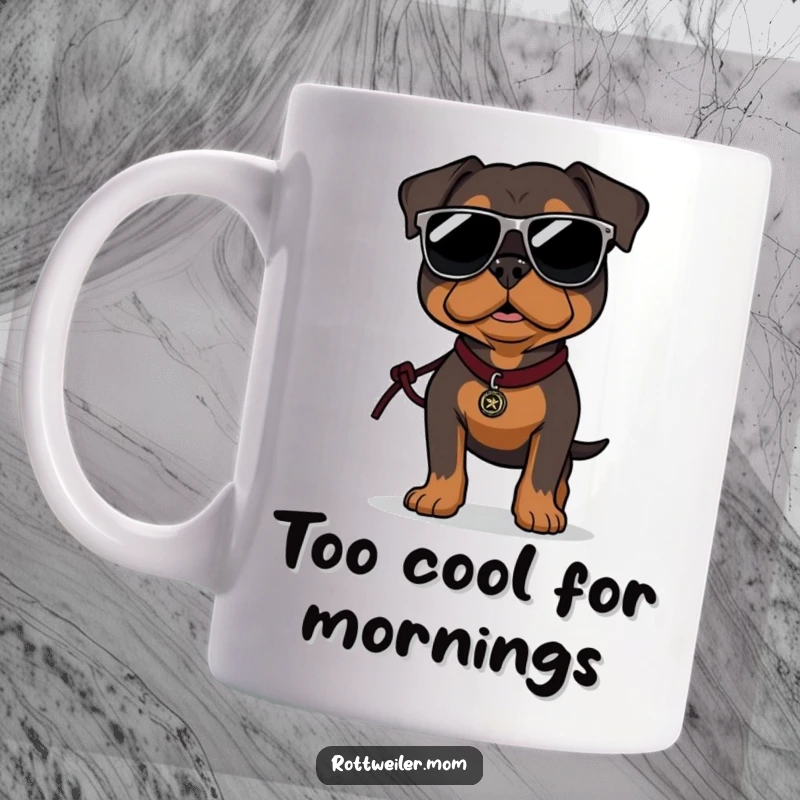 Funny Rottweiler mug with a dog wearing oversized sunglasses and confidently strutting on a leash, looking incredibly cool.