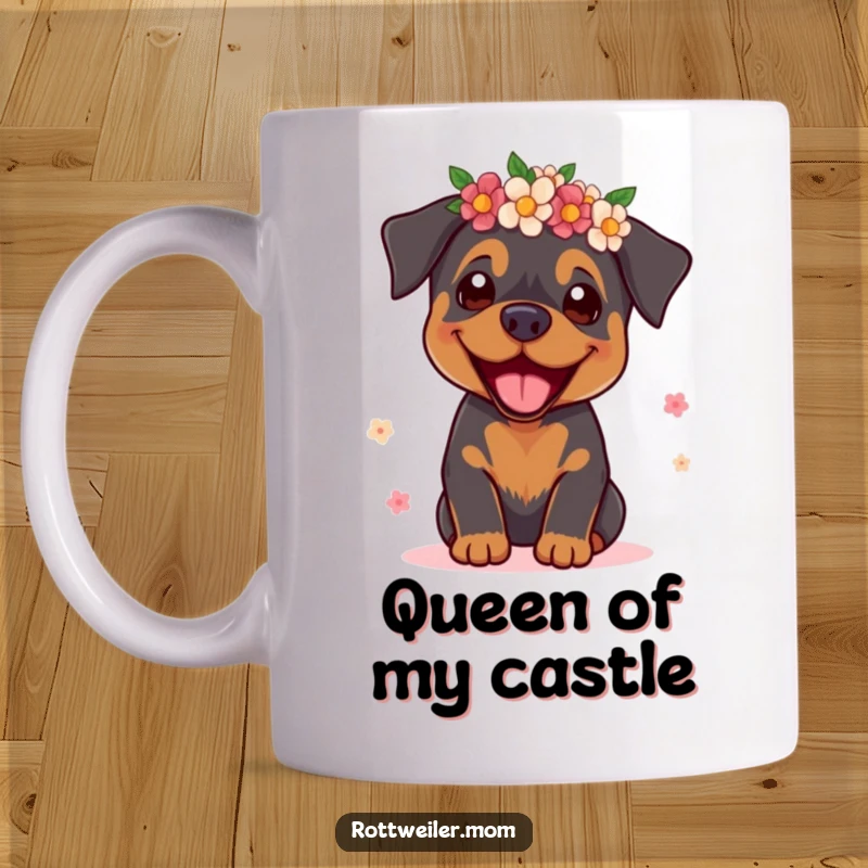 Funny Rottweiler Supermodel Mug: A glamorous rottweiler in a flower crown posing beautifully, exuding humor.