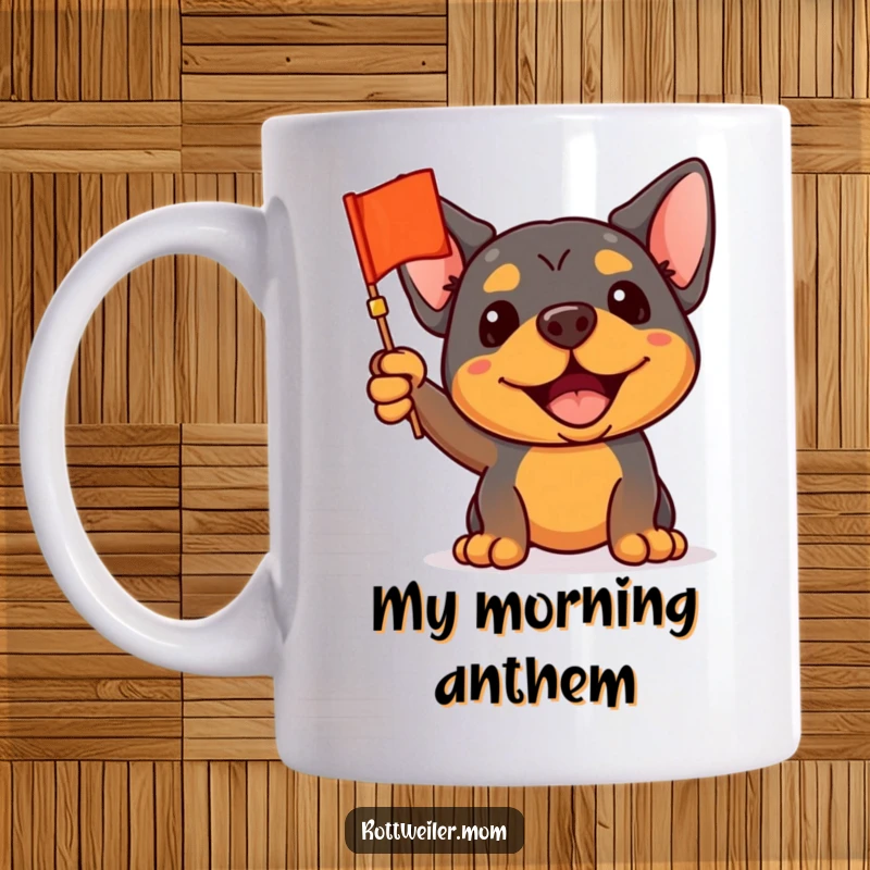 Funny Rottweiler Mug: An enthusiastic Rottweiler waves a small flag with gusto, symbolizing support and team spirit.