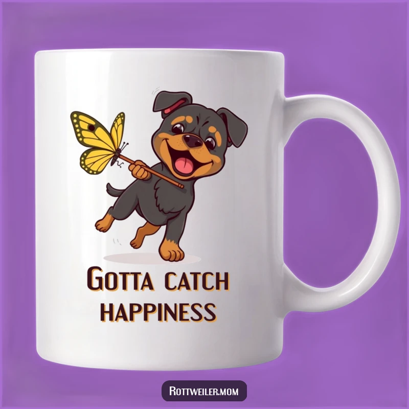 Funny Rottweiler Butterfly Chase Mug - Enthusiastic Dog Lover's Funny Gift