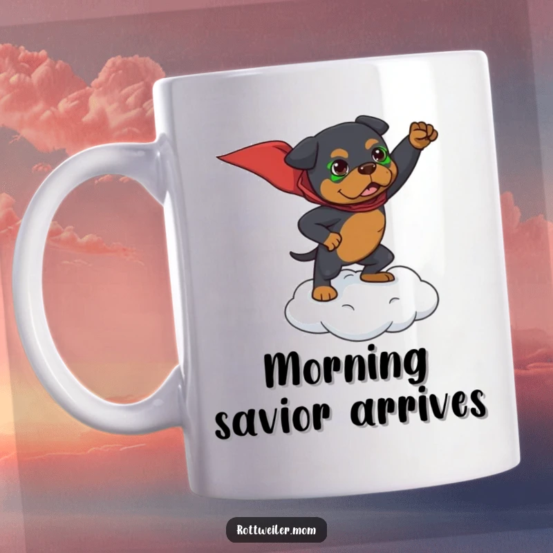 Funny mug featuring a Rottweiler dramatically posing as a superhero on a small, fluffy cloud, exuding power and charm.