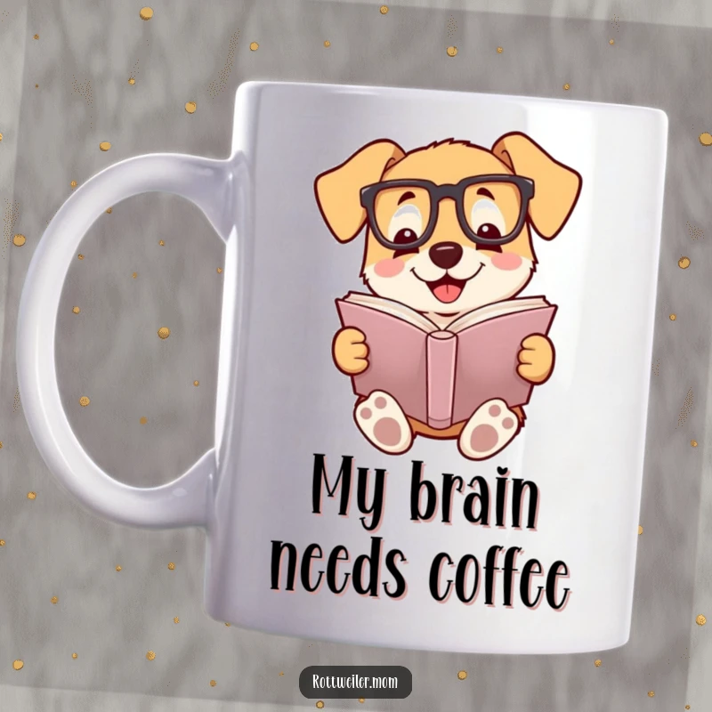 Funny mug with a smiling dog wearing reading glasses, deeply engrossed in a book, showcasing its love for literature.