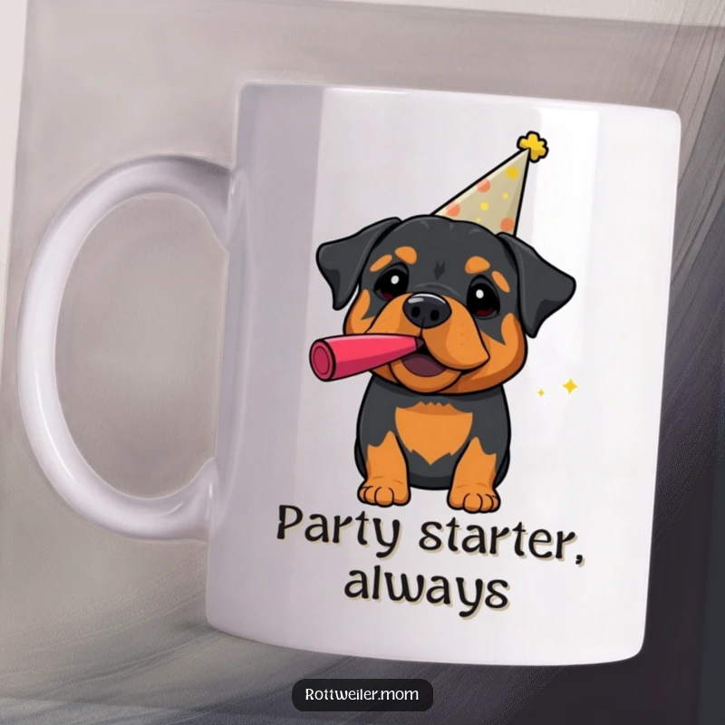 Funny Rottweiler Mug: A rottweiler wears a party hat and blows a noisemaker, ready to celebrate with infectious energy.