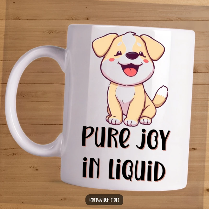 Funny dog mug, a dog with a wildly wagging tail and a joyful pant, expressing pure happiness and excitement.