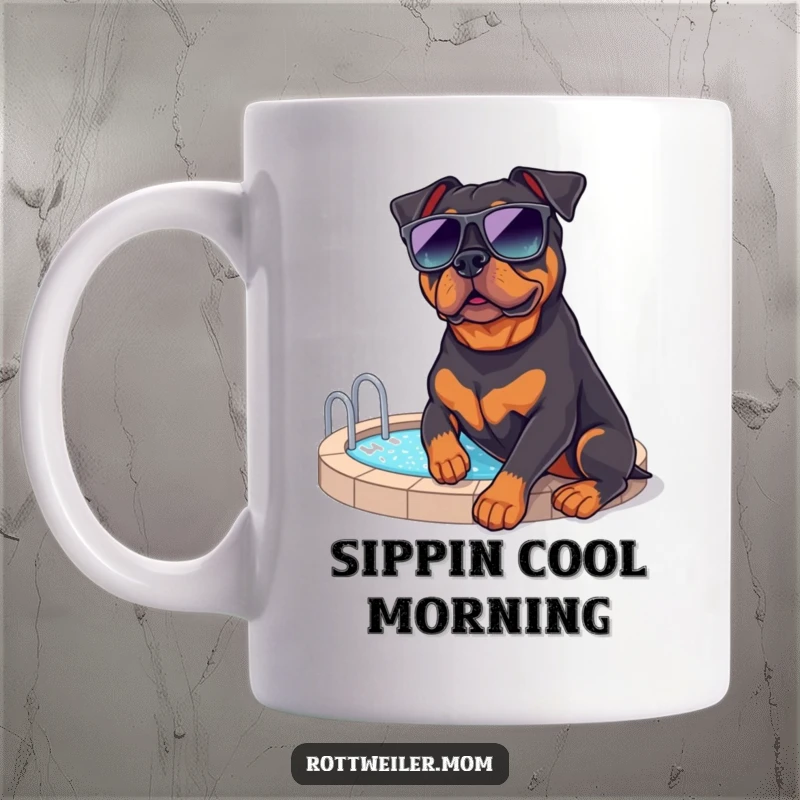 Funny Rottweiler Poolside Mug: A rottweiler in sunglasses lounging by a pool, exuding cool relaxation and humor.