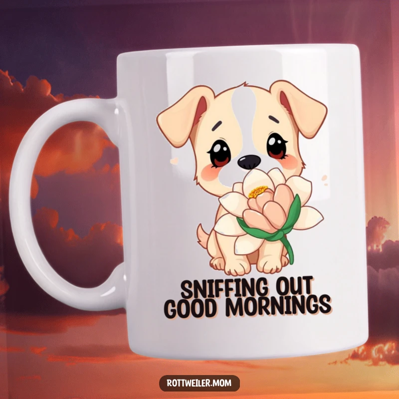 Funny dog mug showing a curious dog with wide eyes sniffing a giant flower, capturing a moment of innocent wonder.