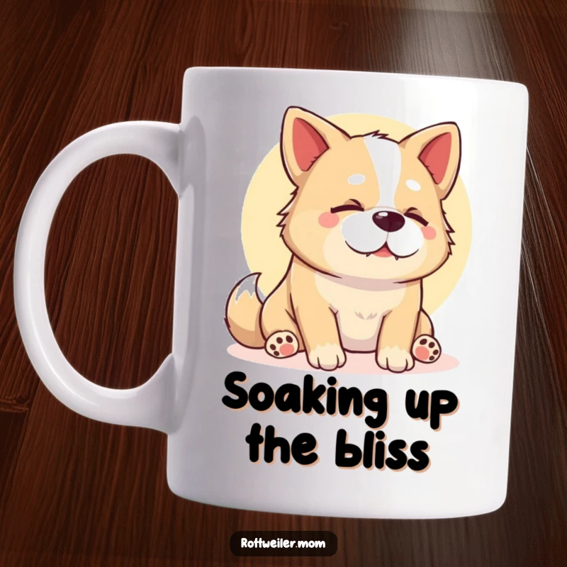 Funny Stocky Dog Mug, showing a contented dog sighing happily while basking in a warm, cozy sunbeam, embodying pure relaxation.