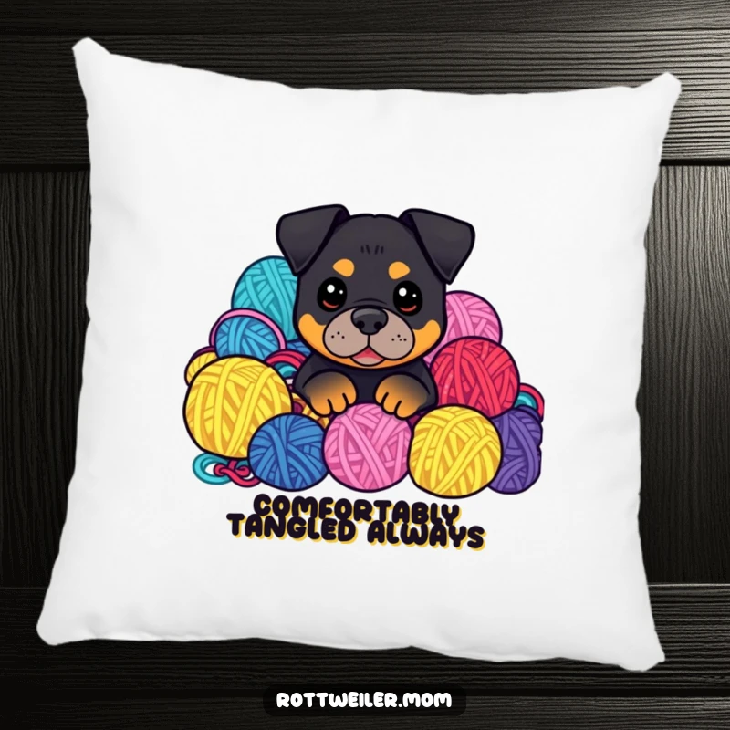Funny Kawaii Rottweiler peeking from a pile of yarn balls on a plush pillow, bringing cozy humor home.