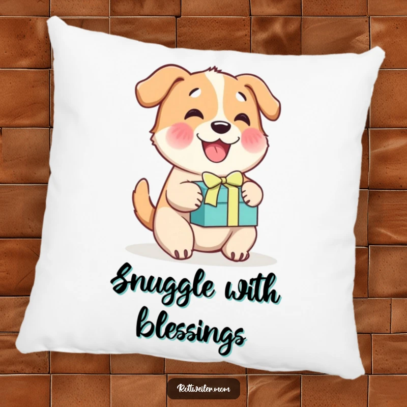 Funny cheerful dog pillow, a happy dog wagging its tail beside a gift box, offering comfort and humor.