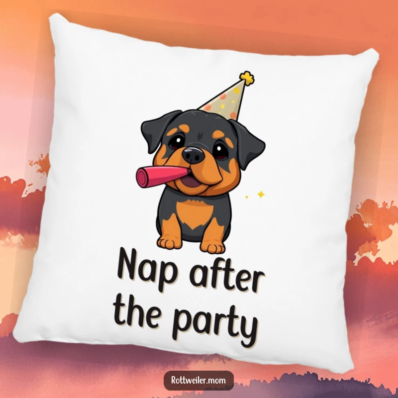 Funny Rottweiler Pillow: A soft pillow showcasing a rottweiler with a party hat and noisemaker, ideal for festive decor.