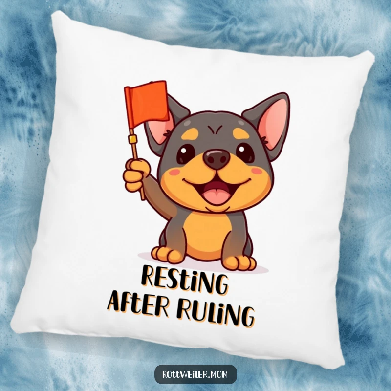 Funny Rottweiler Pillow: A soft pillow showing a rottweiler waving a tiny flag, perfect for showing team spirit from the couch.